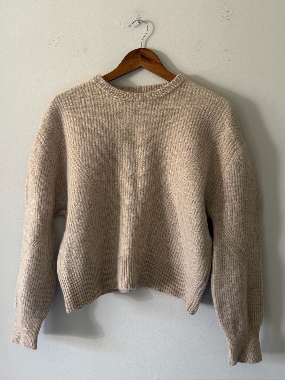 7115 by Szeki Cozy Crewneck Ribbed Cropped Sweater in Almond Size Large